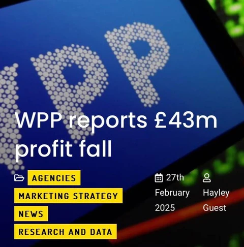 WPP сообщила о падении прибыли на 43 млн £.  Общая выручка также уменьшилась с £14,8 млрд до £14,7 млрд