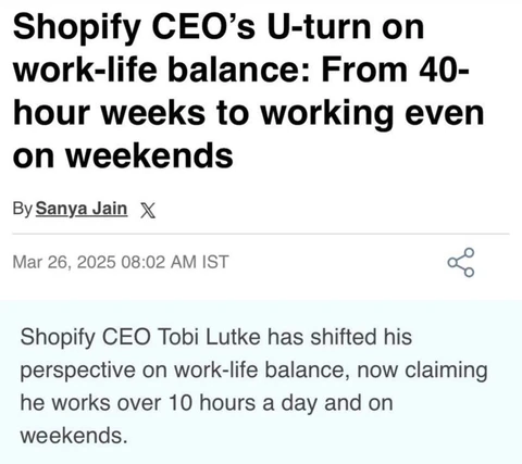 😂Очень смешное наблюдение. Генеральный директор Shopify Тоби Лютке резко изменил свое отношение к балансу между работой и личной жизнью