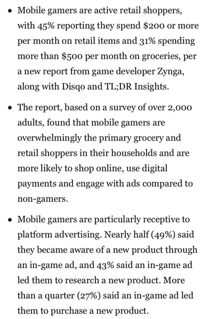 🤓Геймеры покупают.  Согласно свежему отчёту Zynga, 45% мобильных геймеров по всему миру тратят более 200 $ в месяц на повседневные товары, а 31% свыше 500 $ на продукты