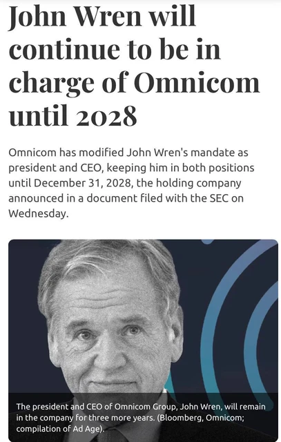 🤔А вот, например, Omnicom продлил срок полномочий Джона Рена на посту председателя и генерального директора до 31 декабря 2028 года