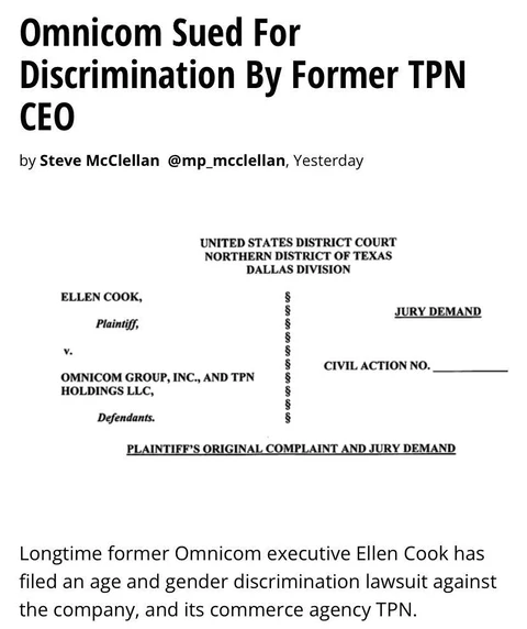 🤓Женщины-руководители Omnicom пошли в атаку.  Эллен Кук, бывший гендир агентства TPN, подала в суд на Omnicom, обвинив компанию и агентство TPN в дискриминации по возрасту и полу