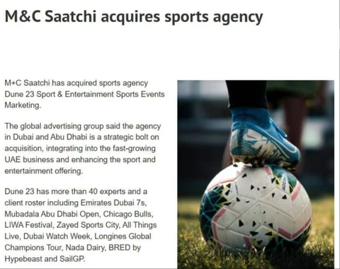 🤔M+C Saatchi приобрела спортивное агентство Dune 23 Sport & Entertainment, базирующееся в Дубае и Абу-Даби, для укрепления позиций на рынке ОАЭ
