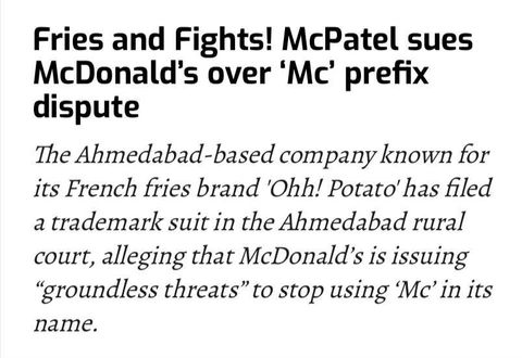 🤓Индийский стартап McPatel Foods Pvt Ltd подал в суд на McDonald's, обвинив корпорацию в «необоснованных угрозах» за использование приставки «Mc» в названии