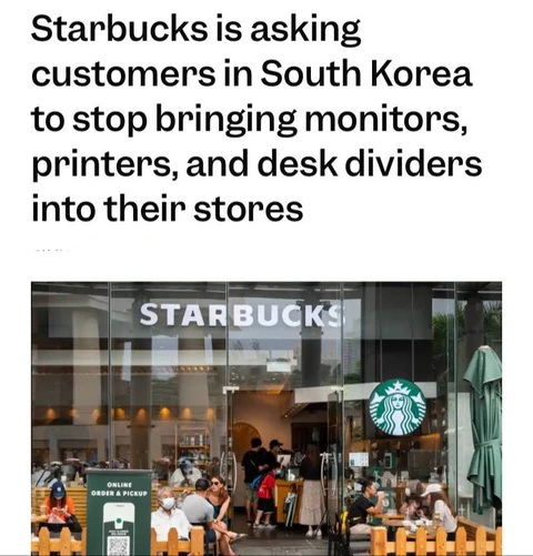 🤓В Южной Корее Starbucks столкнулась с проблемой, когда некоторые клиенты используют кофейни как частные офисы, принося настольные компьютеры, принтеры и перегородки, что ограничивает места для других