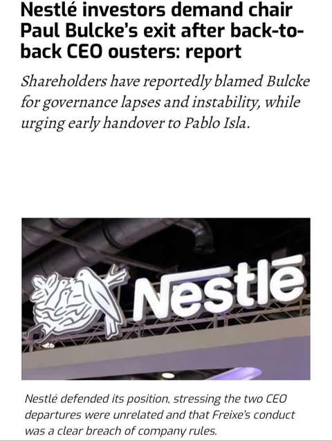 🤓Инвесторы Nestlé потребовали отставки председателя совета директоров Пола Булке после того, как за год компанию покинули сразу два генеральных директора