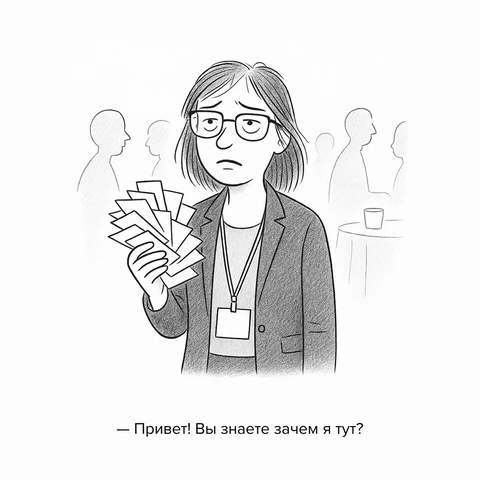 🤓 Типаж «Нетворкер на испытательном». Усталая девушка с кучей визиток и потерянным взглядом, которую бросили на ивент для сбора клиентских контактов