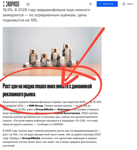 🤓Курица или яйцо? Коллеги их Адпасс делятся удивительным выводом в обзорной статье по прогнозам на 2026 год: «Рост цен на медиа пошел вниз вместе с динамикой рекламного рынка»
