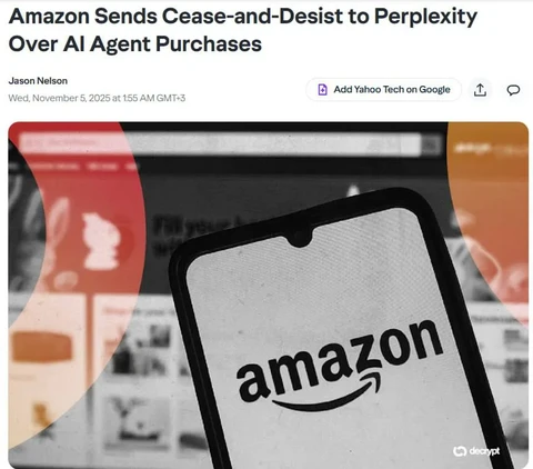 🤔Amazon направила стартапу Perplexity AI письмо с требованием прекратить использование его браузерного помощника Comet для совершения покупок на сайте