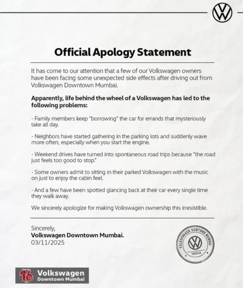 🤓В Индии набрало негативную вирусную популярность шуточное «письмо-извинение» от Volkswagen Downtown Mumbai, которое оказалось рекламным трюком, а не настоящим обращением