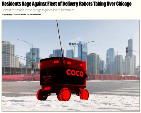 🤓Жители Чикаго возмущены тем, что городские тротуары заполнили сотни доставочных роботов, запущенных в пилотном режиме компаниями Coco и Serve
