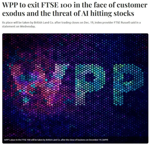 🤓Британский рекламный гигант WPP покинет индекс FTSE 100 19 декабря после того, как массовый отток крупных клиентов и усиливающаяся конкуренция