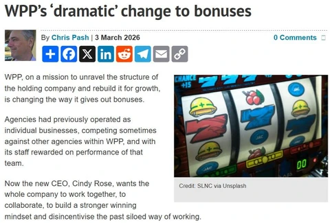 🤔Новости пикирующих рекламных корпораций. WPP решил полностью демотивировать свой персонал в 2026 году и целиком меняет систему бонусов