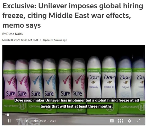 🤔А вот и последствия для обывателя. Компания Unilever ввела глобальный запрет на найм сотрудников минимум на 3 месяца из-за последствий конфликта на Ближнем Востоке