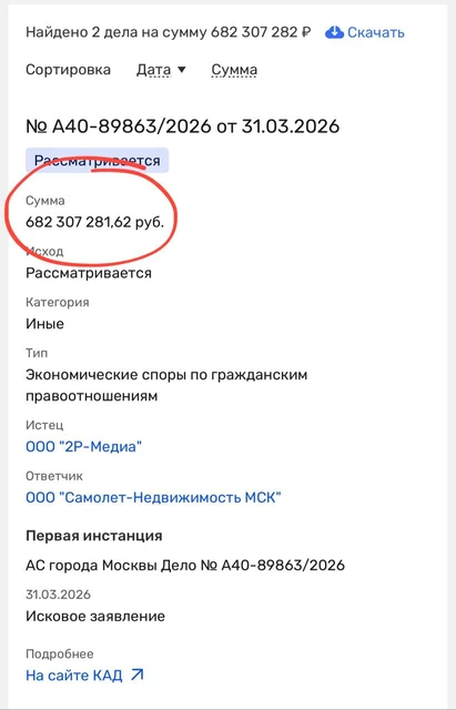 😵Ого! Нишевое агентство специализирующееся на рынке недвижимости (начинали с продажи размещения в агрегаторах) требует от ГК Самолет выплату задолженности на сумму почти 700 миллионов (‼️)