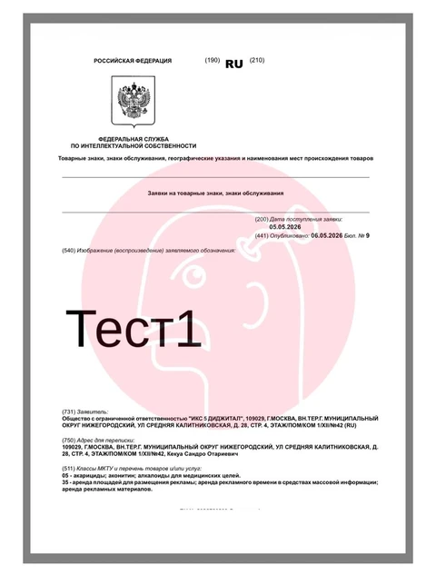 🤔Х5 регистрирует загадочный «Тест 1» в категориях «аренда рекламных площадей, рекламного времени, рекламных материалов»