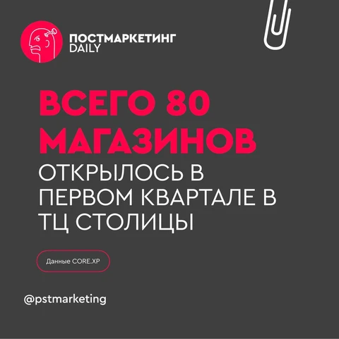🤓В январе—марте 2026 года в ключевых торговых центрах Москвы открылось всего 80 магазинов, что на 58% меньше чем годом ранее, сообщает «Ъ»