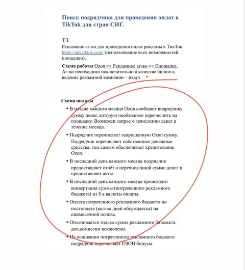 🤔Озон тендерит технического подрядчика по оплате кабинетов Тикток зарубежом