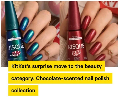 🤓KitKat ищет новые способы конвертации знания в деньги. Шоколадный бренд выпустил в Бразилии лимитированную коллекцию лаков для ногтей с ароматом шоколада совместно с брендом Risqué