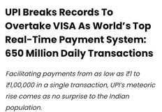🤓И о поверженных легендах…  В 2025 году Индийская UPI (система мгновенных платежей) обогнала Visa по по ежедневному объёму транзакций, достигнув 650 млн по сравнению с 639 млн у Visa