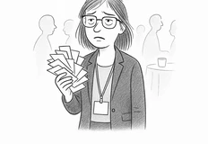 🤓 Типаж «Нетворкер на испытательном». Усталая девушка с кучей визиток и потерянным взглядом, которую бросили на ивент для сбора клиентских контактов