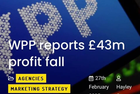 WPP сообщила о падении прибыли на 43 млн £.  Общая выручка также уменьшилась с £14,8 млрд до £14,7 млрд