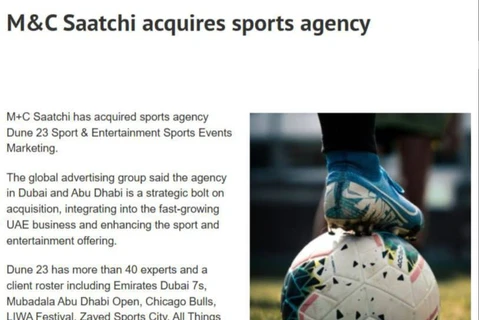 🤔M+C Saatchi приобрела спортивное агентство Dune 23 Sport & Entertainment, базирующееся в Дубае и Абу-Даби, для укрепления позиций на рынке ОАЭ