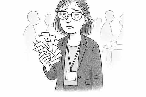 🤓 Типаж «Нетворкер на испытательном». Усталая девушка с кучей визиток и потерянным взглядом, которую бросили на ивент для сбора клиентских контактов